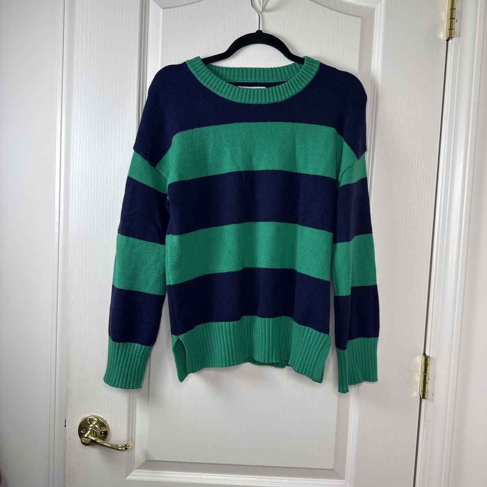 Happily Grey Womens Striped Sweater Size S Green Navy Ribbed Crew Neck
